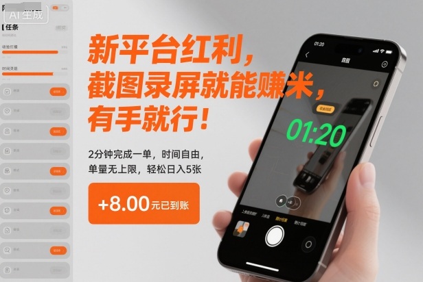 新平台红利，截图录屏就能賺米，有手就行！2分钟完成一单，时间自由，单量无上限，轻松日入5张【揭秘】-赚钱驿站