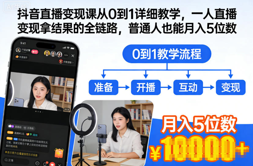 抖音直播变现课从0到1详细教学，一人直播变现拿结果的全链路，普通人也能月入5位数-赚钱驿站