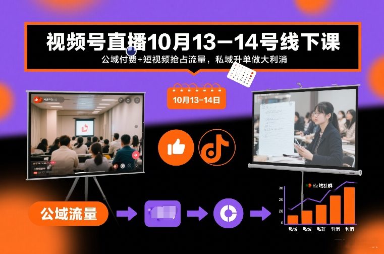 视频号直播10月13-14号线下课，公域付费+短视频抢占流量，私域升单做大利消-赚钱驿站