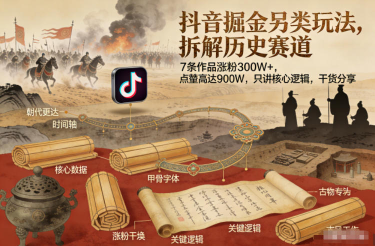 抖音掘金另类玩法，拆解历史赛道，7条作品涨粉300W+，点赞量高达900W，只讲核心逻辑，干货分享-赚钱驿站
