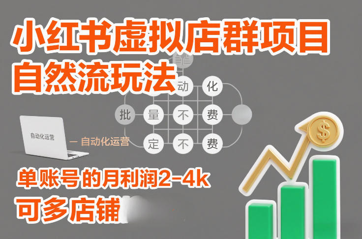 小红书虚拟店群项目，自然流玩法，批量自动化，稳定不费号，单账号的月利润2-4k，可多店矩阵-赚钱驿站