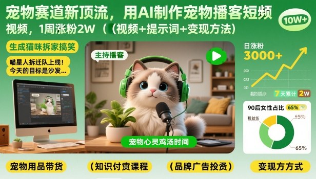 宠物赛道新顶流，用AI制作宠物播客短视频，1周涨粉2W（视频+提示词+变现方法）-赚钱驿站