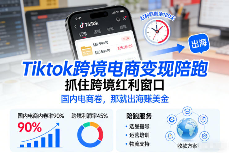 Tiktok跨境电商变现陪跑，抓住跨境红利窗口，国内电商卷，那就出海賺美金-赚钱驿站