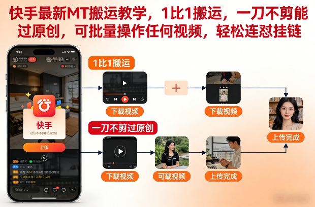 快手最新MT搬运教学，1比1搬运，一刀不剪能过原创，可批量操作任何视频，轻松连怼挂链-赚钱驿站