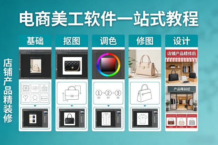 电商美工软件一站式教程，基础/抠图/调色/修图/设计，店铺产品精装修-赚钱驿站
