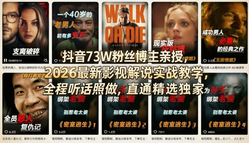 抖音73W粉丝博主亲授，2026最新影视解说实战教学，全程听话照做，直通精选独家-赚钱驿站