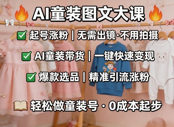 AI童装图文剪辑，某社群童装图文大课，起号涨粉、AI童装带货、爆款选品，无需出镜和拍摄-赚钱驿站