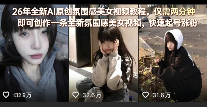 26年全新AI原创氛围感美女视频教程，仅需两分钟即可创作一条全新氛围感美女视频，快速起号涨粉-赚钱驿站