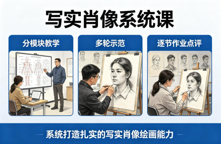 写实肖像系统课，全程分模块教学+多轮示范+逐节作业点评，系统打造扎实的写实肖像绘画能力-赚钱驿站