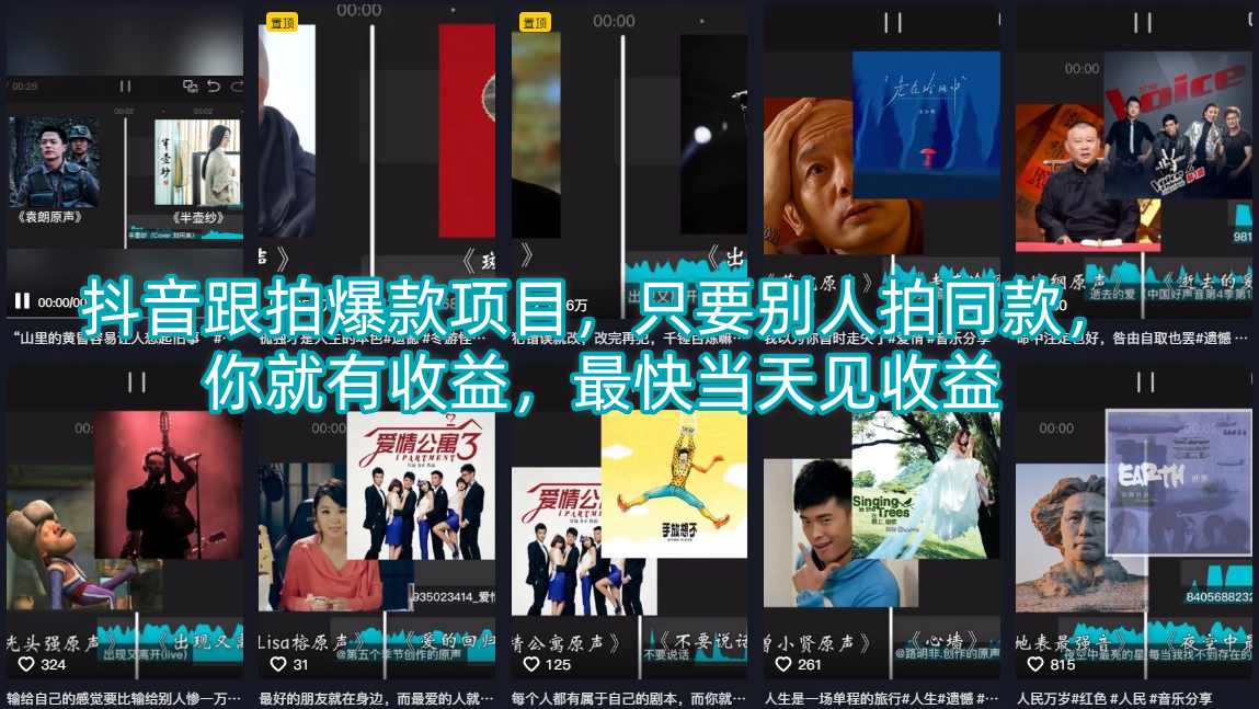抖音跟拍爆款项目，只要别人拍同款，你就有收益，最快当天见收益-赚钱驿站