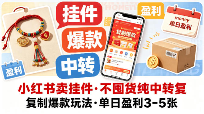 小红书卖挂件，不囤货纯中转复制爆款玩法，单日盈利3-5张-赚钱驿站
