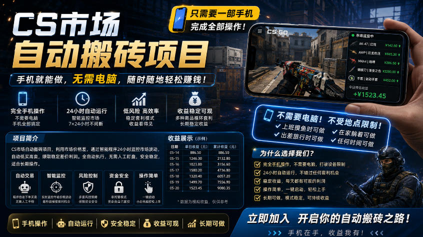 手机即可操作的CS市场自动搬砖系统｜自动监控｜自动下单|日入300+【揭秘】-赚钱驿站