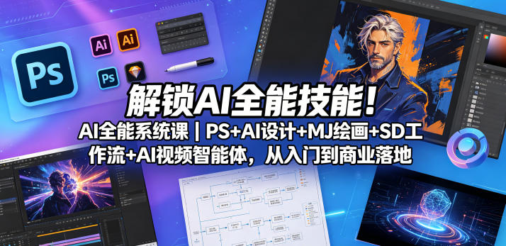 解锁AI全能技能！AI全能系统课｜PS+AI设计+MJ绘画+SD工作流+AI视频智能体，从入门到商业落地-赚钱驿站