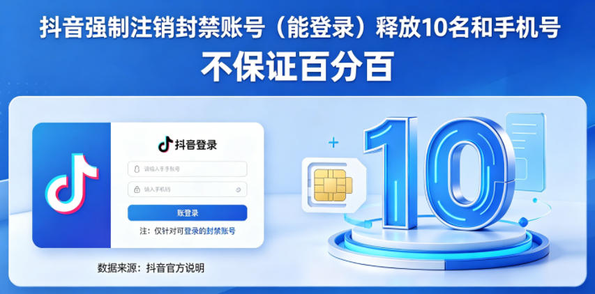抖音强制注销F禁账号（能登录）释放10名和手机号，不保证百分百-赚钱驿站