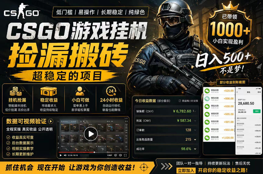 CSGO游戏搬砖，全自动挂G，不需要玩游戏，手机操作日入300+，解放双手【揭秘】-赚钱驿站