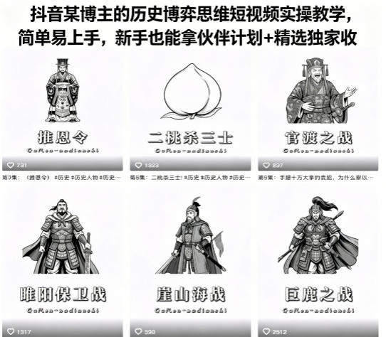 抖音某博主的历史博弈思维短视频实操教学，简单易上手，新手也能拿伙伴计划+精选独家收益-赚钱驿站