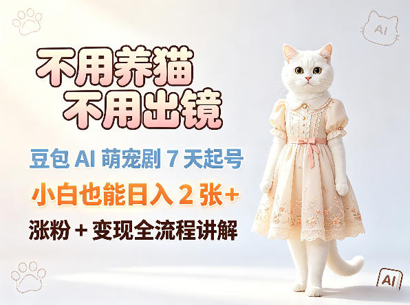 不用养猫不用出镜，豆包AI萌宠剧7天起号，小白也能日入2张+，涨粉+变现全流程讲解-赚钱驿站