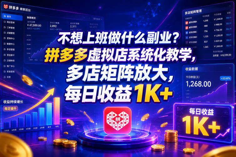 不想上班做什么副业？拼多多虚拟店系统化教学，多店矩阵放大，每日收益1K+【揭秘】-赚钱驿站
