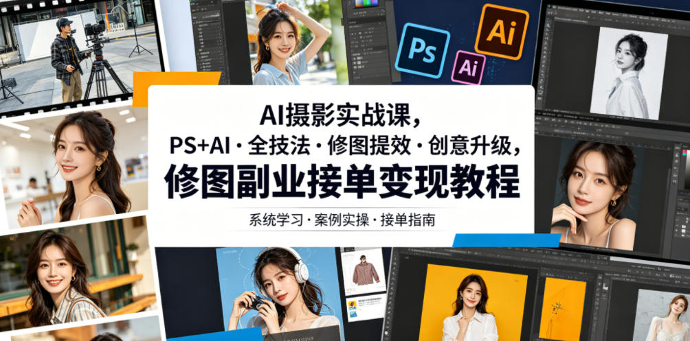 AI摄影实战课，PS+AI・全技法・修图提效・创意升级，修图副业接单变现教程-赚钱驿站