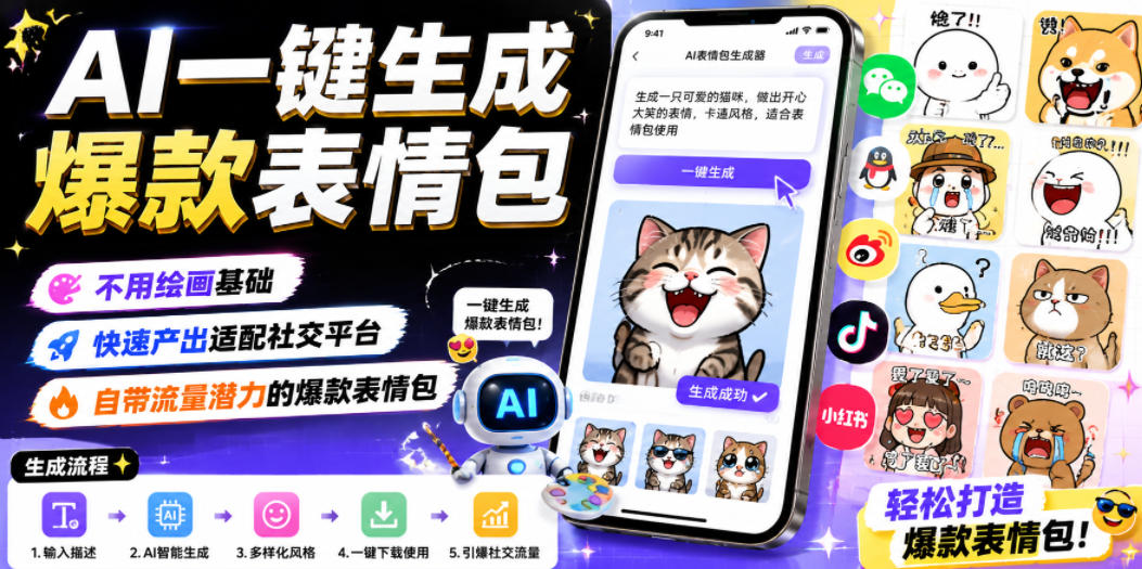 AI一键生成爆款表情包，不用绘画基础，快速产出适配社交平台，自带流量潜力的爆款表情包-赚钱驿站
