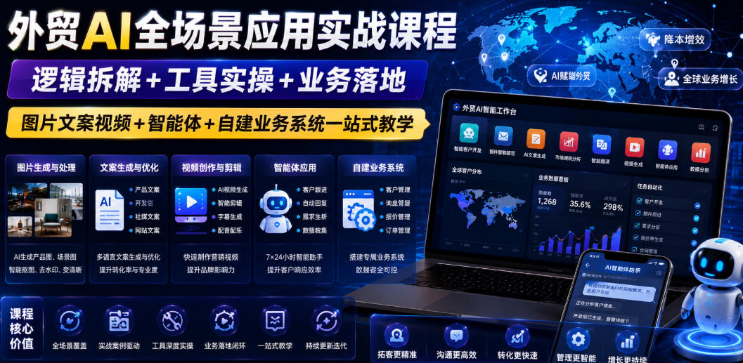 外贸AI全场景应用实战课程｜逻辑拆解+工具实操+业务落地，图片文案视频+智能体+自建业务系统一站式教学-赚钱驿站