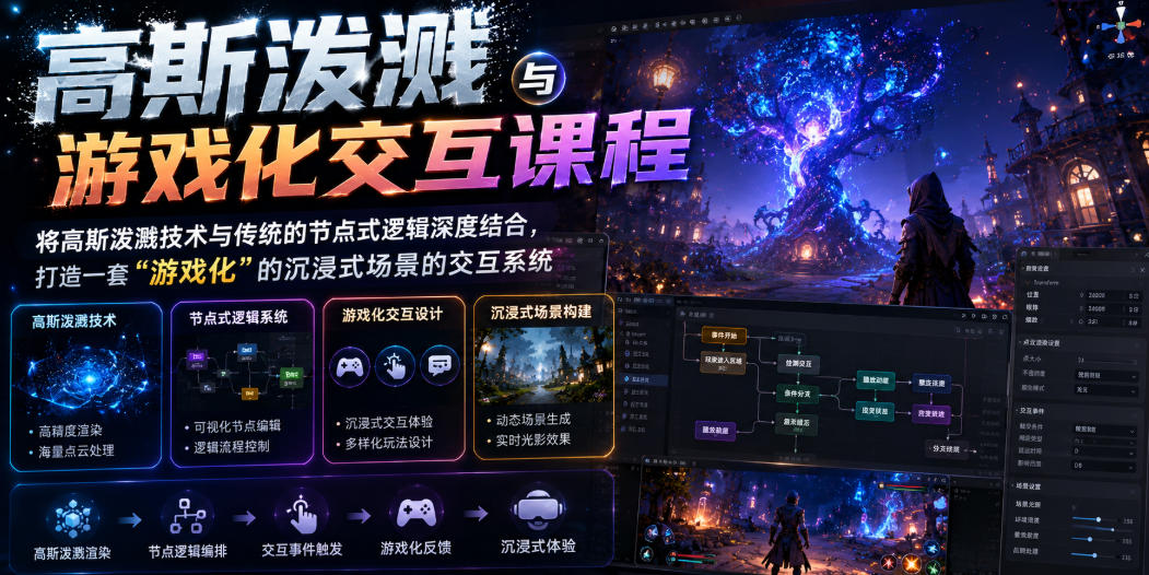 高斯泼溅与游戏化交互课程，将高斯泼溅技术与传统的节点式逻辑深度结合，打造一套“游戏化”的沉浸式场景的交互系统-赚钱驿站