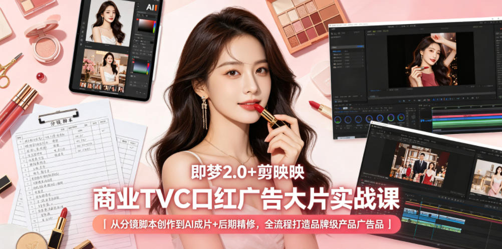 即梦2.0+剪映商业TVC口红广告大片实战课｜从分镜脚本创作到AI成片+后期精修，全流程打造品牌级产品广告-赚钱驿站