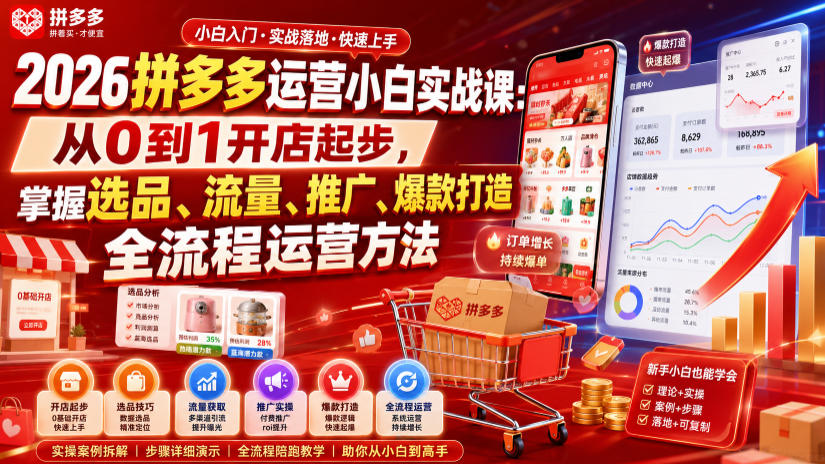 2026拼多多运营小白实战课：从0到1开店起步，掌握选品、流量、推广、爆款打造全流程运营方法-赚钱驿站