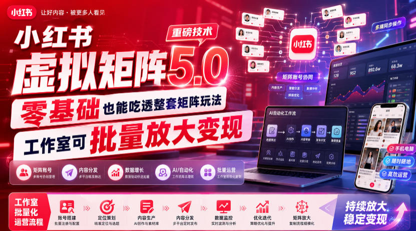 小红书虚拟矩阵5.0重磅技术，零基础也能吃透整套矩阵玩法，工作室可批量放大变现-赚钱驿站