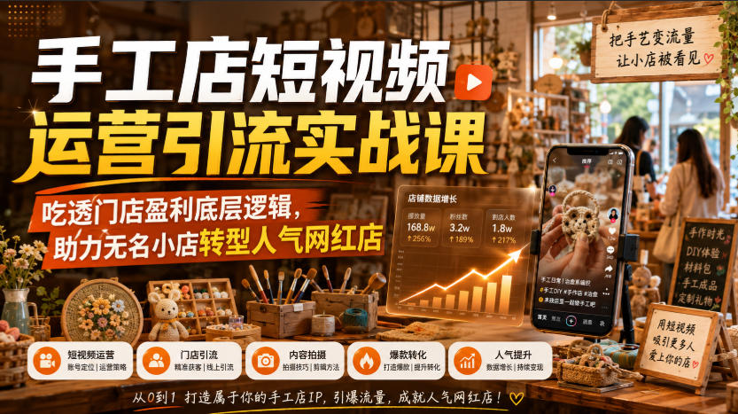 手工店短视频运营引流实战课，吃透门店盈利底层逻辑，助力无名小店转型人气网红店-赚钱驿站