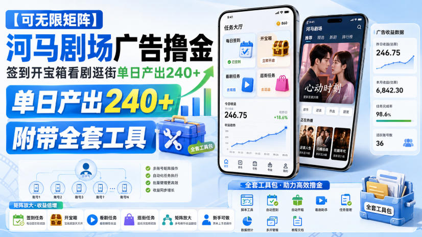 【可无限矩阵】河马剧场广告撸金，签到开宝箱看剧逛街单日产出240+，附带全套工具【揭秘】-赚钱驿站