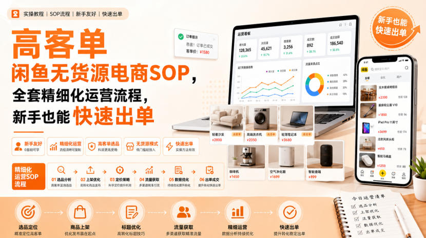 高客单闲鱼无货源电商SOP，全套精细化运营流程，新手也能快速出单-赚钱驿站