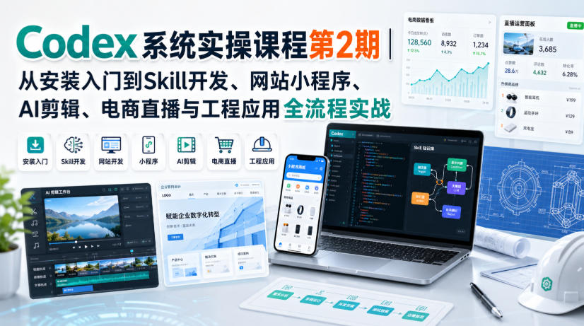 Codex系统实操课程第2期｜从安装入门到Skill开发、网站小程序、AI剪辑、电商直播与工程应用全流程实战-赚钱驿站