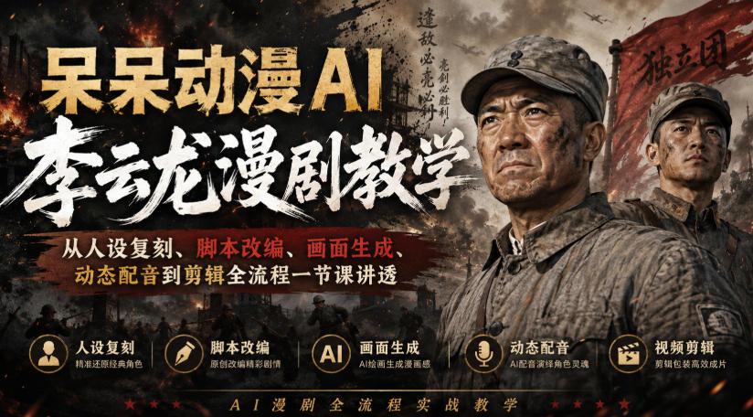 呆呆动漫AI李云龙漫剧教学，从人设复刻、脚本改编、画面生成、动态配音到剪辑全流程一节课讲透-赚钱驿站