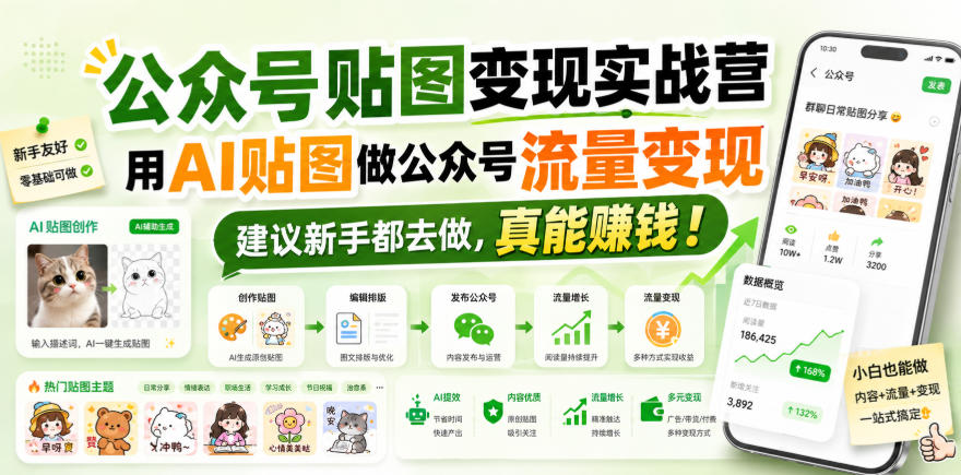 公众号贴图变现实战营，用AI贴图做公众号流量变现，建议新手都去做，真能賺钱！-赚钱驿站