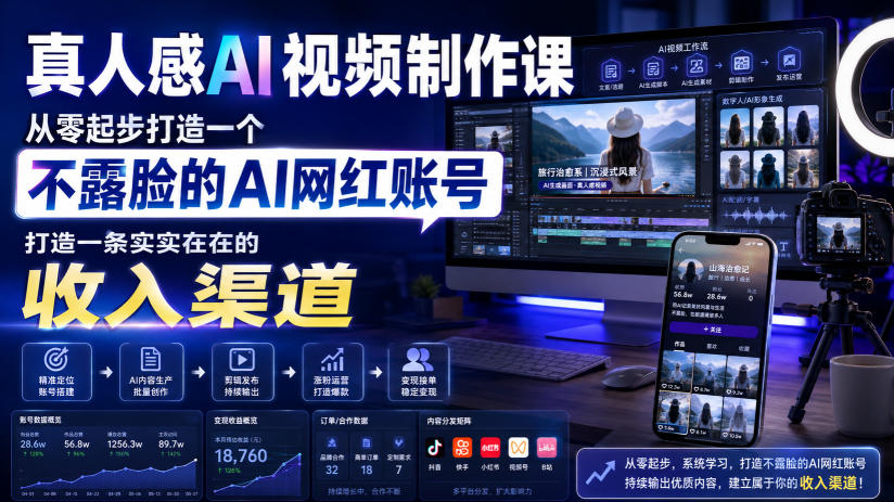 真人感AI视频制作课，从零起步打造一个不露脸的AI网红账号，打造一条实实在在的收入渠道【原创双语字幕】-赚钱驿站