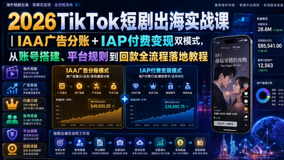 2026TikTok短剧出海实战课｜IAA广告分账+IAP付费变现双模式，从账号搭建、平台规则到回款全流程落地教程-赚钱驿站