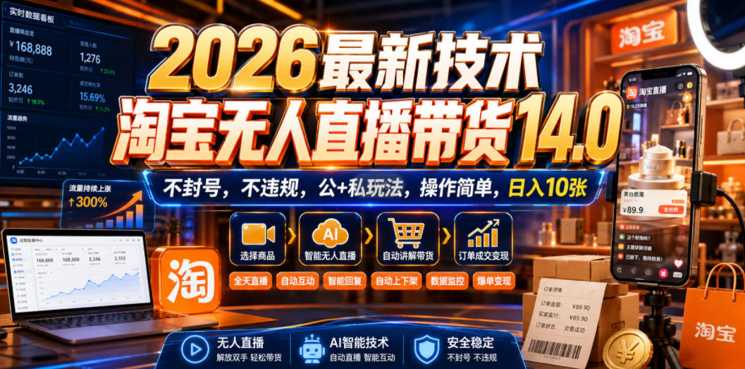 2026最新技术，淘宝无人直播带货14.0，不封号，不违规，公+私玩法，操作简单，日入10张【揭秘】-赚钱驿站
