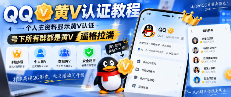 QQ黄V认证教程，个人主资料显示黄V认证，号下所有群都是黄V，逼格拉满-赚钱驿站