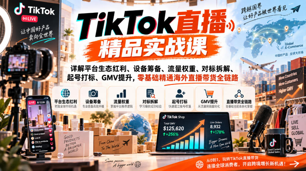TikTok直播精品实战课，详解平台生态红利、设备筹备、流量权重、对标拆解、起号打标、GMV提升，零基础精通海外直播带货全链路-赚钱驿站