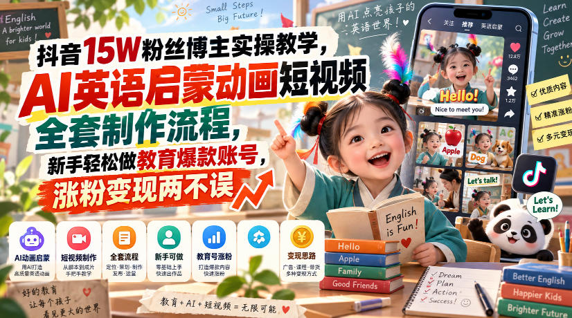 抖音15W粉丝博主实操教学，AI英语启蒙动画短视频全套制作流程，新手轻松做教育爆款账号，涨粉变现两不误-赚钱驿站