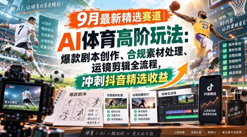某大佬的9月最新精选赛道之AI体育顶级玩法，爆款剧本创作、版权规避、运镜剪辑全流程，稳拿抖音精选收益-赚钱驿站