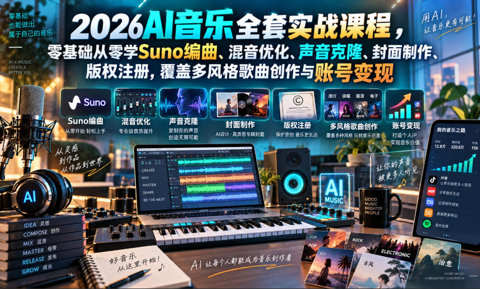 2026AI音乐实战课程，零基础从零学Suno编曲、混音优化、声音克隆、版权注册，覆盖多风格歌曲创作与账号变现-赚钱驿站