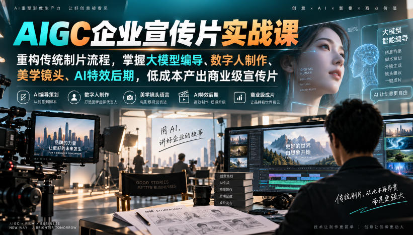 AIGC企业宣传片实战课，重构传统制片流程，掌握大模型编导、数字人制作、美学镜头、AI特效后期，低成本产出商业级宣传片-赚钱驿站