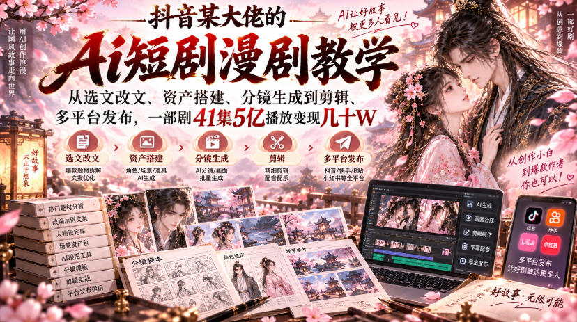 抖音某大佬的Ai短剧漫剧教学，从选文改文、资产搭建、分镜生成到剪辑、多平台发布，一部剧41集5亿播放变现几十W-赚钱驿站