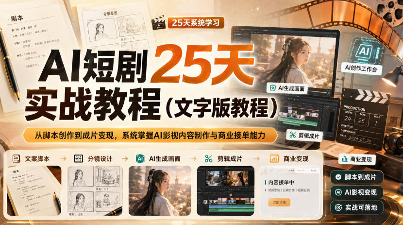 AI短剧25天实战教程（文字版教程），从脚本创作到成片变现，系统掌握AI影视内容制作与商业接单能力-赚钱驿站
