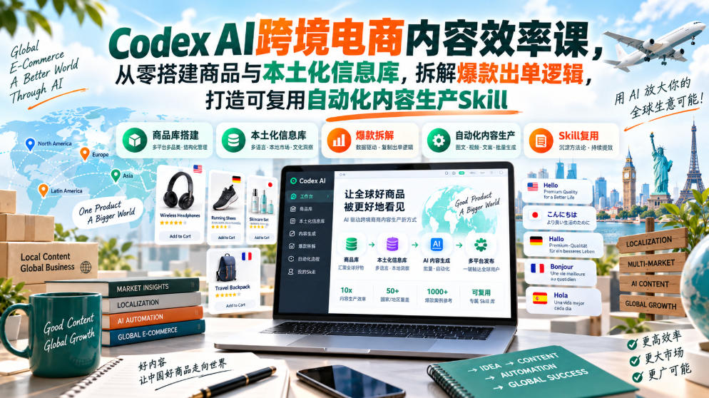 Codex AI跨境电商内容效率课，从零搭建商品与本土化信息库，拆解爆款出单逻辑，打造可复用自动化内容生产Skill-赚钱驿站