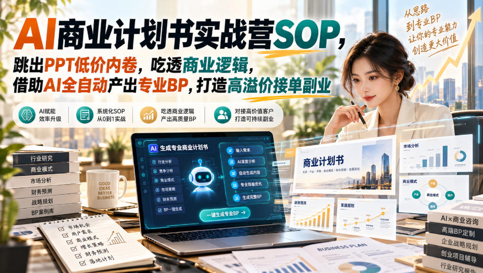 【无水印】AI商业计划书实战营SOP，跳出PPT低价内卷，吃透商业逻辑，借助AI全自动产出专业BP，打造高溢价接单副业-赚钱驿站
