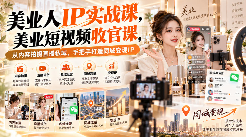 【无水印】美业人IP实战课，美业短视频收官课，从内容拍摄直播私域，手把手打造同城变现IP-赚钱驿站