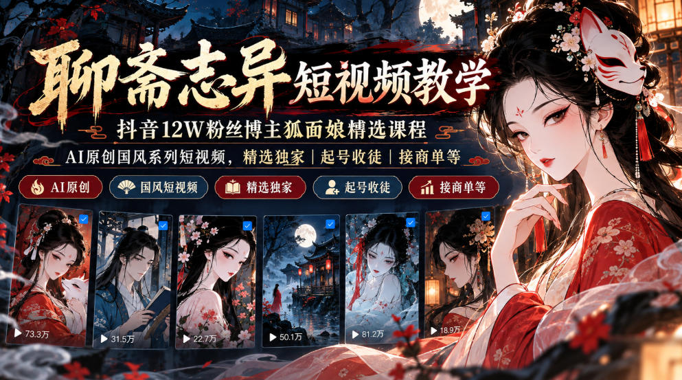 聊斋志异短视频教学，抖音12W粉丝博主狐面娘精选课程，AI原创国风系列短视频，精选独家丨起号收徒丨接商单等-赚钱驿站